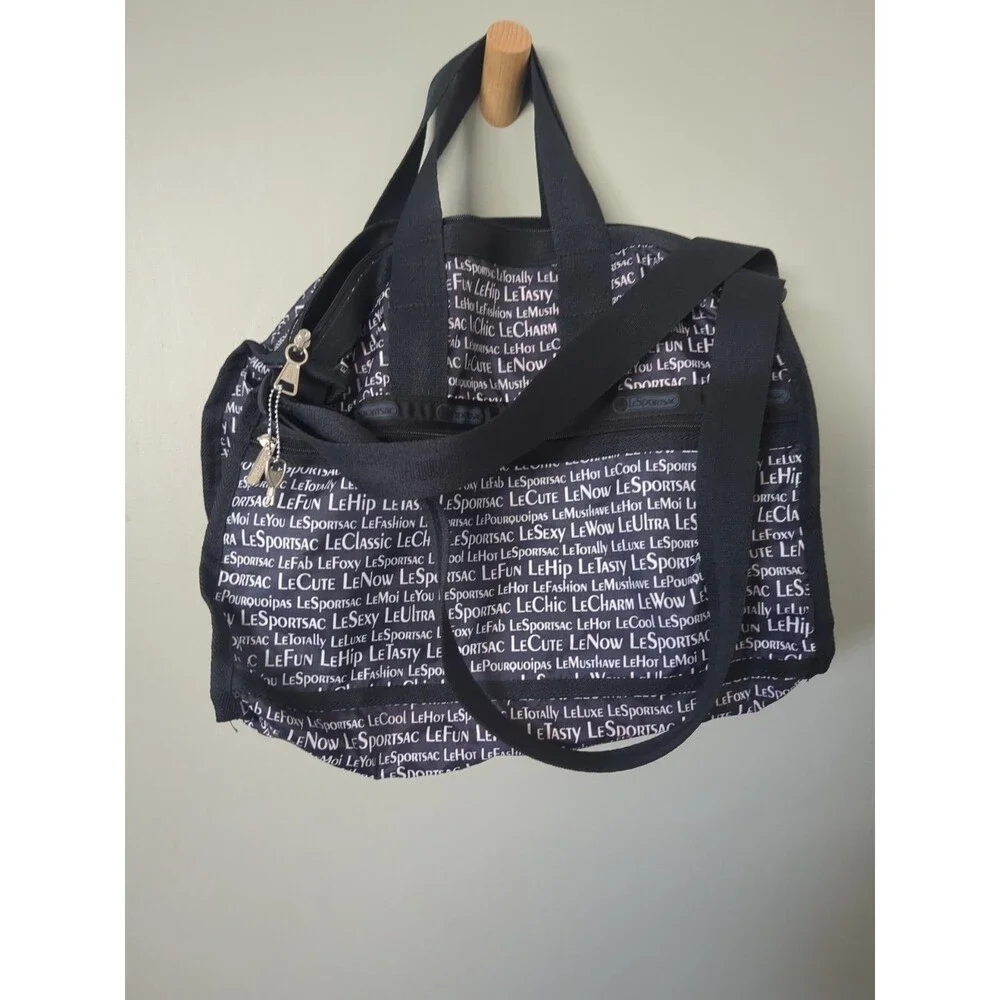 LeSportsac Black & White Duffle Weekender Tote bag 16 x 12 x 7